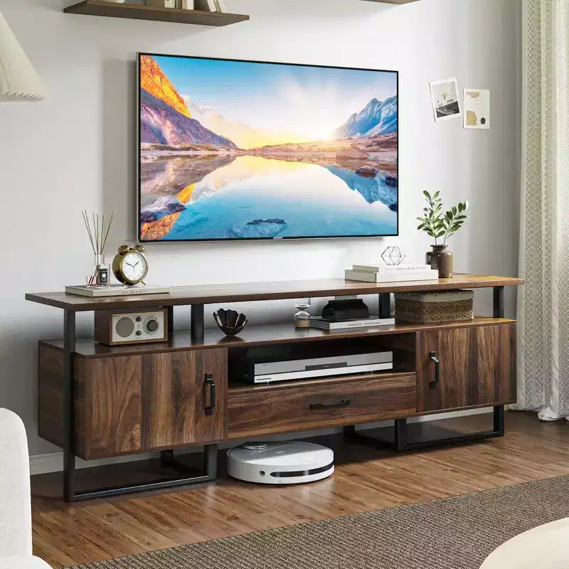 TROPOW Mid Century Modern TV Stand - 75 Inch Entertainment Center with Storage & Drawer, Industrial Console for Living Room, Rustic Brown