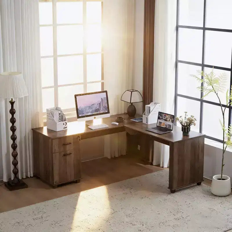 71'' L-Shaped Lift Top Computer Desk with Storage Drawers ,File Cabinet and Convenient Charging,Home Office Desk, Wood Executive Corner Desk