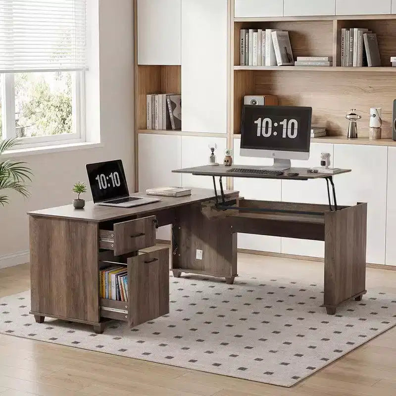 71'' L-Shaped Lift Top Computer Desk with Storage Drawers ,File Cabinet and Convenient Charging,Home Office Desk, Wood Executive Corner Desk