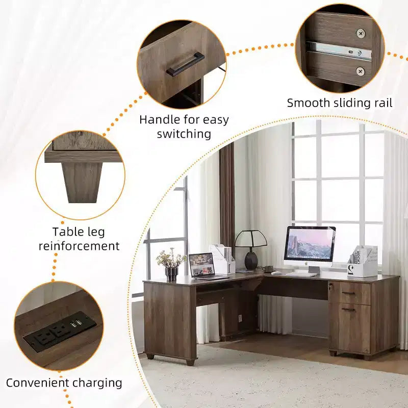 71'' L-Shaped Lift Top Computer Desk with Storage Drawers ,File Cabinet and Convenient Charging,Home Office Desk, Wood Executive Corner Desk