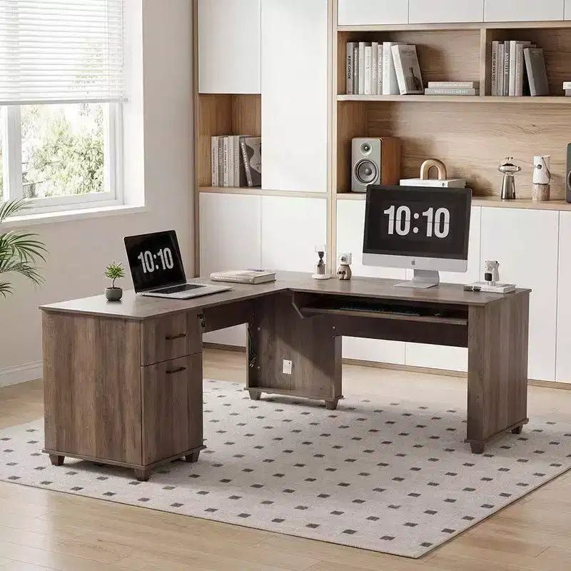 71'' L-Shaped Lift Top Computer Desk with Storage Drawers ,File Cabinet and Convenient Charging,Home Office Desk, Wood Executive Corner Desk