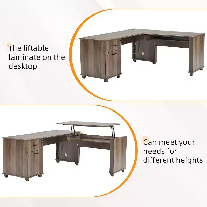 71'' L-Shaped Lift Top Computer Desk with Storage Drawers ,File Cabinet and Convenient Charging,Home Office Desk, Wood Executive Corner Desk