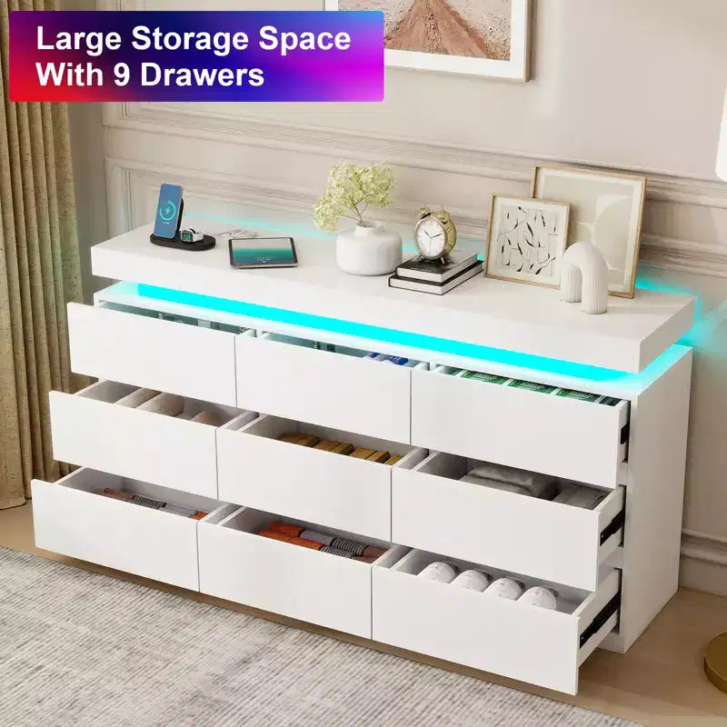 Dyonery 9-Drawer Dresser with Power Outlet and LED Light, 3-Tier Modern Storage Chest with Ample Capacity & Smooth Glides for Bedrooms
