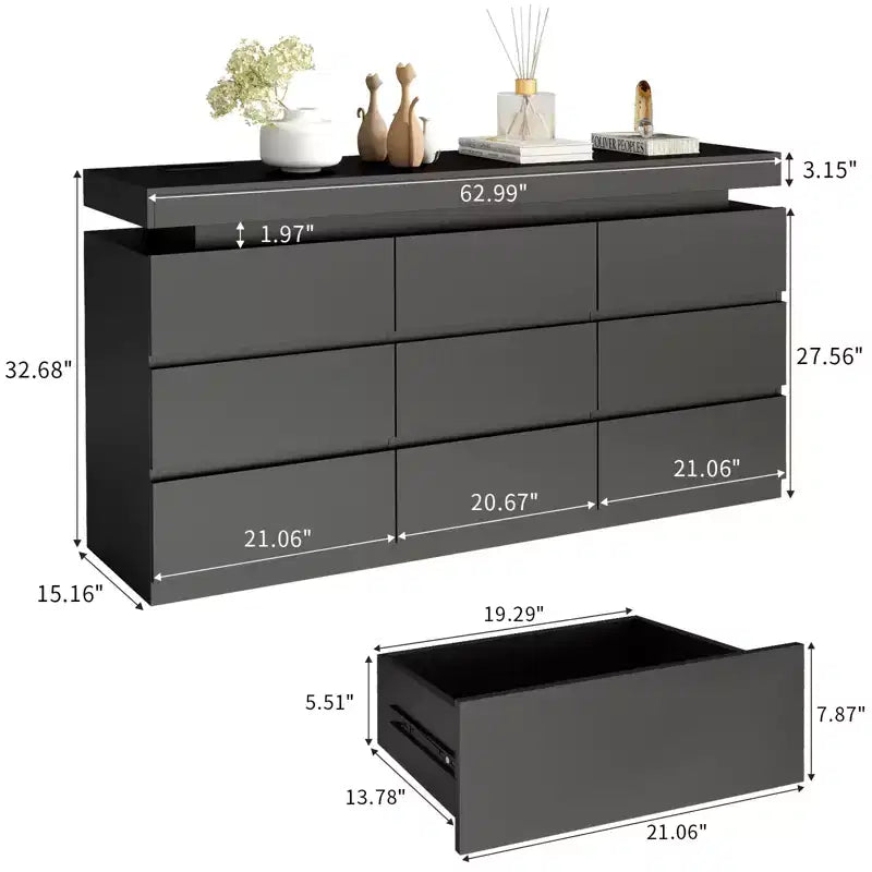 Dyonery 9-Drawer Dresser with Power Outlet and LED Light, 3-Tier Modern Storage Chest with Ample Capacity & Smooth Glides for Bedrooms