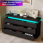 Dyonery 9-Drawer Dresser with Power Outlet and LED Light, 3-Tier Modern Storage Chest with Ample Capacity & Smooth Glides for Bedrooms
