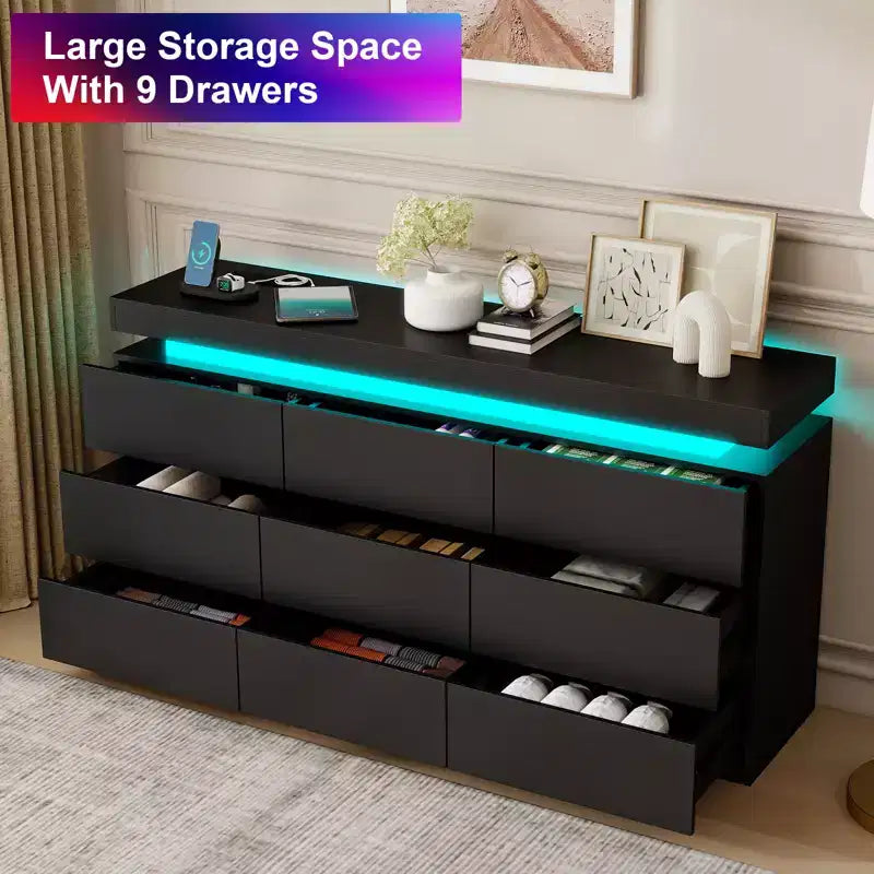Dyonery 9-Drawer Dresser with Power Outlet and LED Light, 3-Tier Modern Storage Chest with Ample Capacity & Smooth Glides for Bedrooms