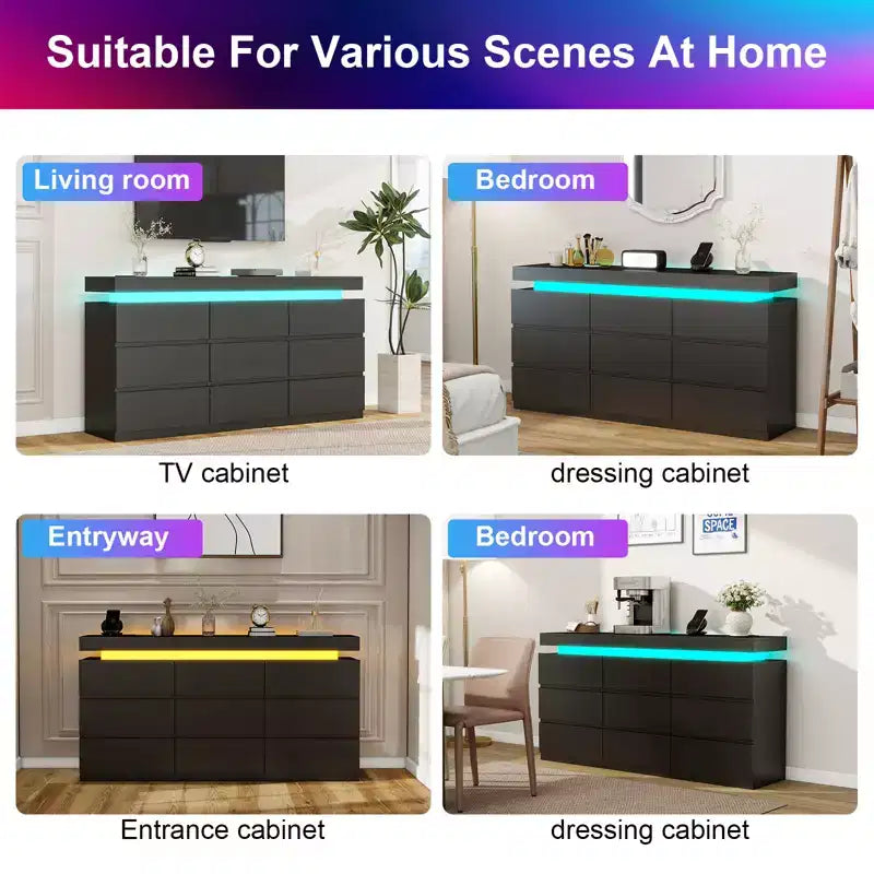 Dyonery 9-Drawer Dresser with Power Outlet and LED Light, 3-Tier Modern Storage Chest with Ample Capacity & Smooth Glides for Bedrooms