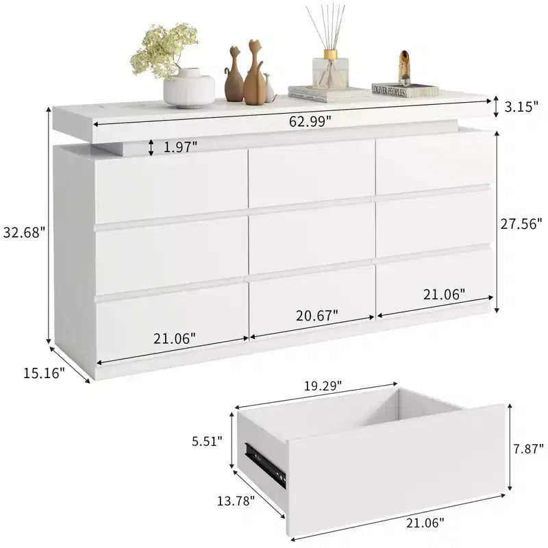 Dyonery 9-Drawer Dresser with Power Outlet and LED Light, 3-Tier Modern Storage Chest with Ample Capacity & Smooth Glides for Bedrooms