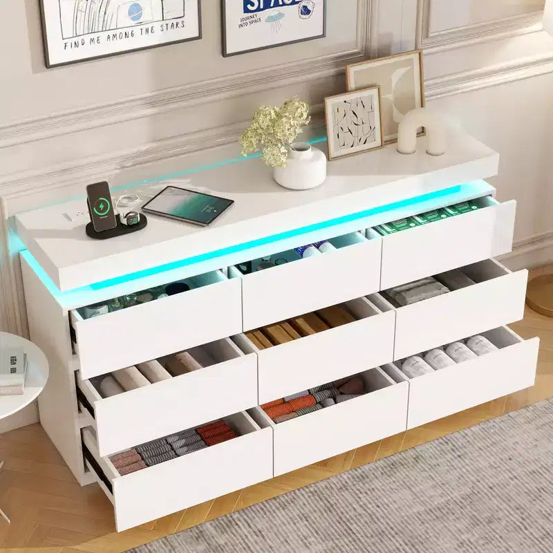Dyonery 9-Drawer Dresser with Power Outlet and LED Light, 3-Tier Modern Storage Chest with Ample Capacity & Smooth Glides for Bedrooms
