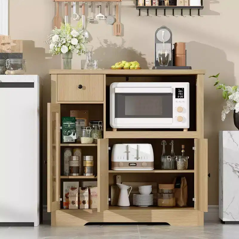 Storage Cabinet with Adjustable Shelves and Microwave Stand  Buffet Sideboard with Drawer, Single and Double Doors, Modern Kitchen Organizer