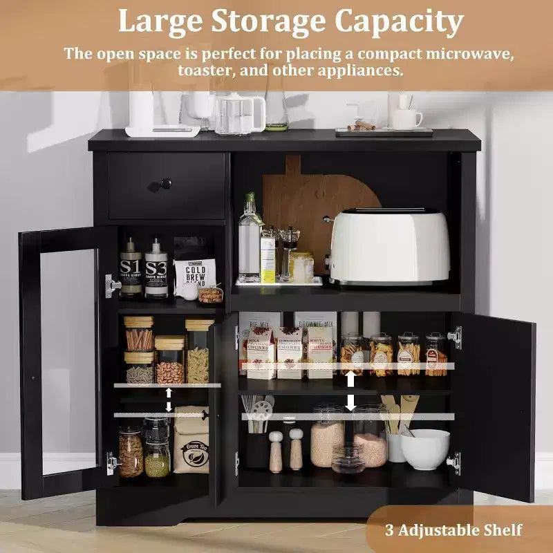 Storage Cabinet with Adjustable Shelves and Microwave Stand  Buffet Sideboard with Drawer, Single and Double Doors, Modern Kitchen Organizer