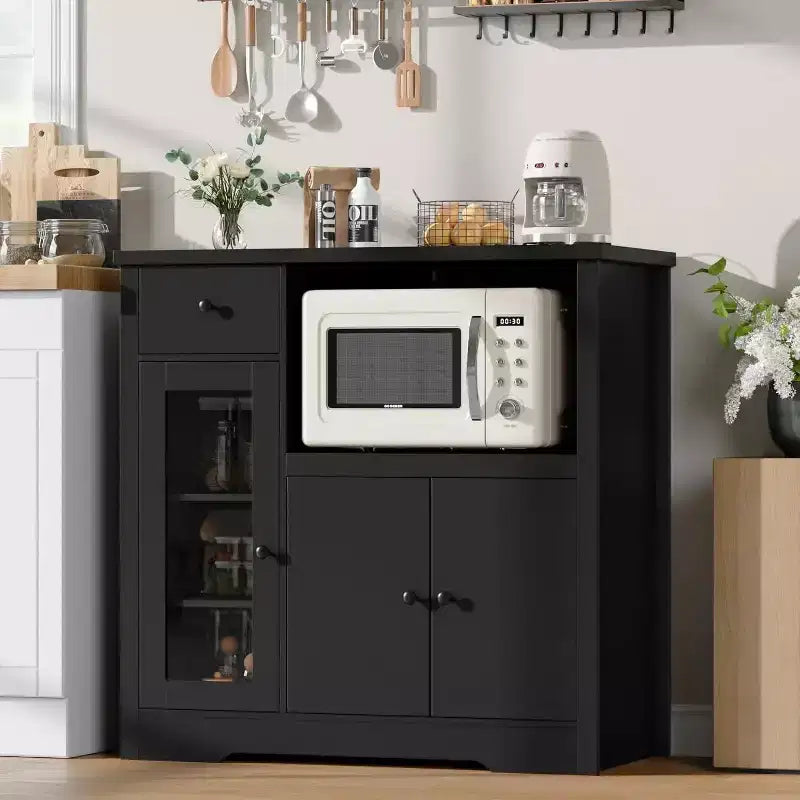 Storage Cabinet with Adjustable Shelves and Microwave Stand  Buffet Sideboard with Drawer, Single and Double Doors, Modern Kitchen Organizer