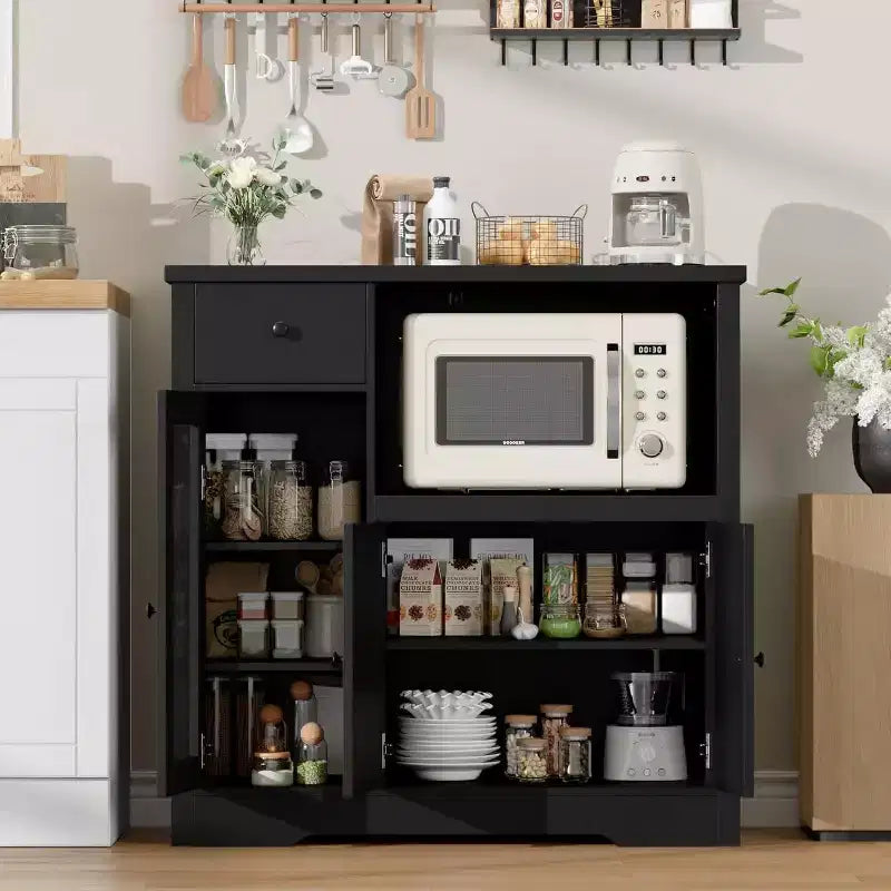 Storage Cabinet with Adjustable Shelves and Microwave Stand  Buffet Sideboard with Drawer, Single and Double Doors, Modern Kitchen Organizer
