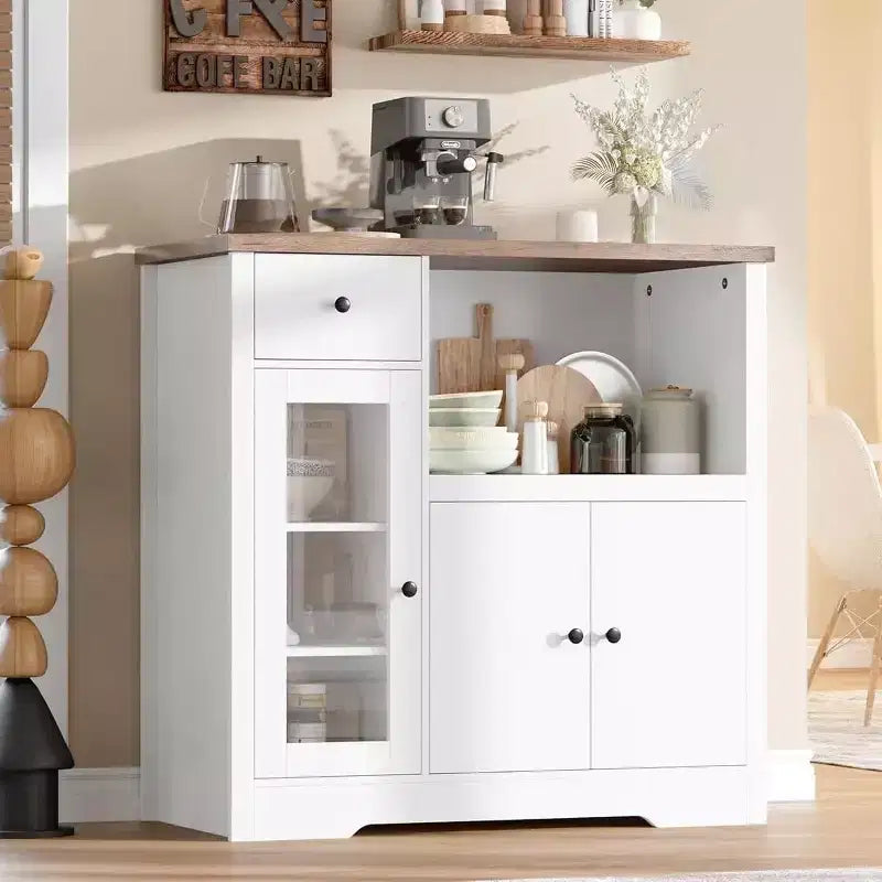 Storage Cabinet with Adjustable Shelves and Microwave Stand  Buffet Sideboard with Drawer, Single and Double Doors, Modern Kitchen Organizer