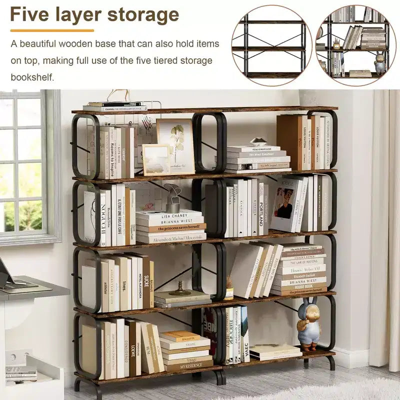 Floor Standing Tall Bookshelf, Vintage 5 Tier Display Storage Open Bookshelf, Industrial Tall Bookcase Organizer for Living Room Bedroom Home Office
