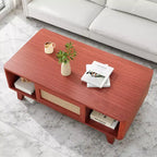 MAYEERTY 44in Cherry Modern Square Wooden Coffee Table With Rattan Drawer for Living Room