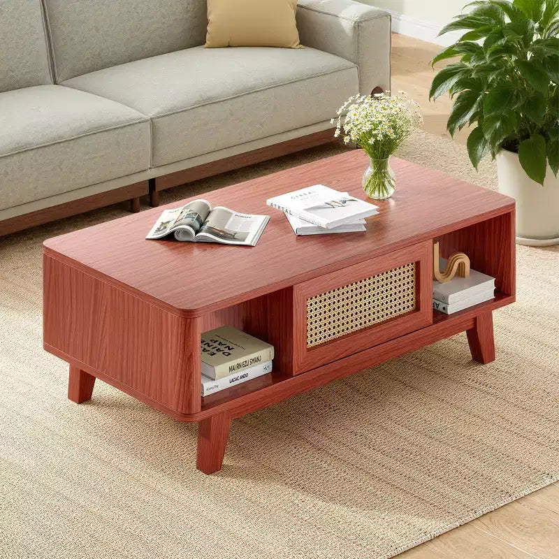 MAYEERTY 44in Cherry Modern Square Wooden Coffee Table With Rattan Drawer for Living Room