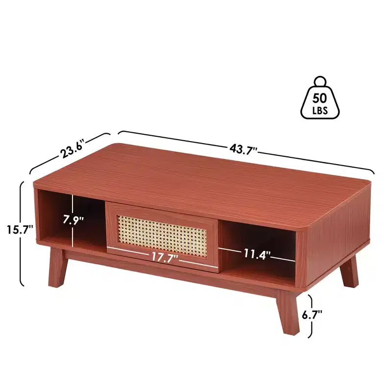 MAYEERTY 44in Cherry Modern Square Wooden Coffee Table With Rattan Drawer for Living Room