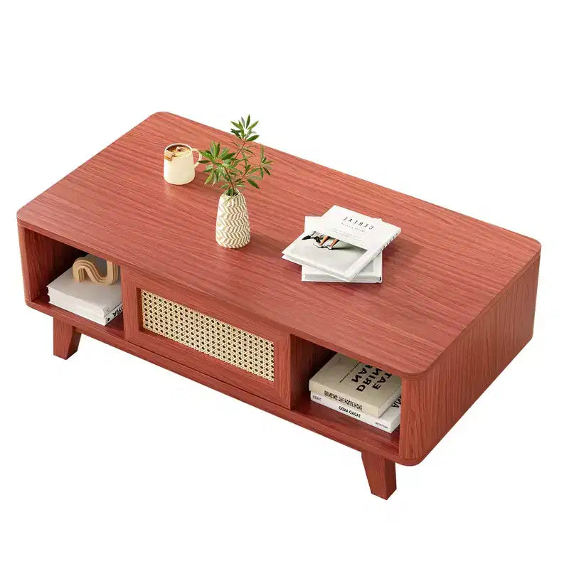 MAYEERTY 44in Cherry Modern Square Wooden Coffee Table With Rattan Drawer for Living Room