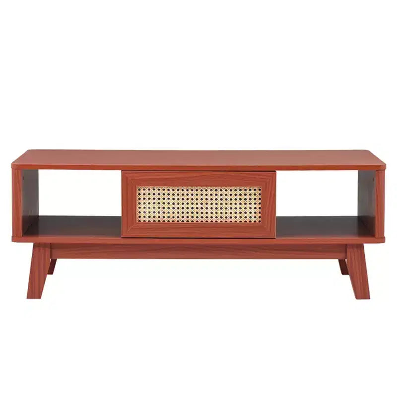 MAYEERTY 44in Cherry Modern Square Wooden Coffee Table With Rattan Drawer for Living Room