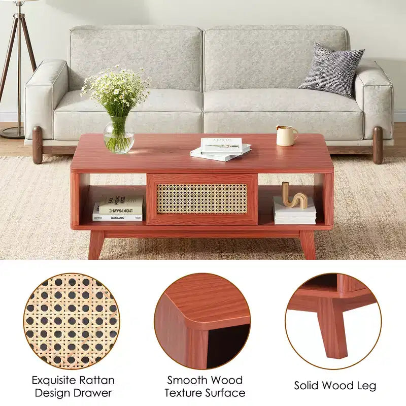MAYEERTY 44in Cherry Modern Square Wooden Coffee Table With Rattan Drawer for Living Room