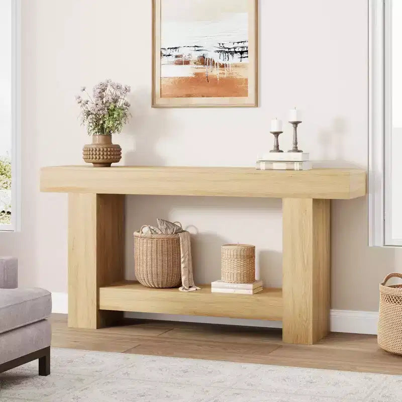 Coolmee Tavolino Consolle da 160 cm, Tavolino Consolle in Stile Rustico per Soggiorno, Tavolino da Divano a 2 Livelli con Ripiano, Tavolino da Ingresso in Legno