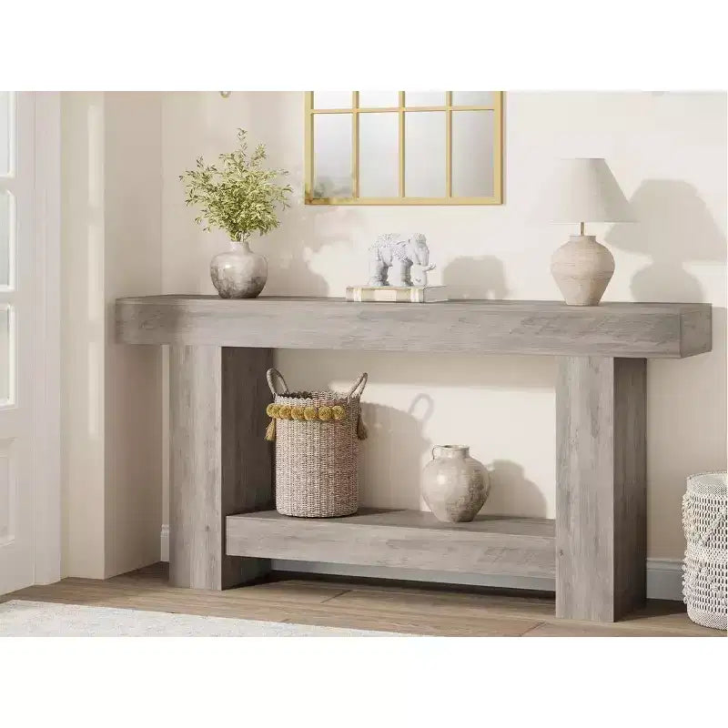 Coolmee Tavolino Consolle da 160 cm, Tavolino Consolle in Stile Rustico per Soggiorno, Tavolino da Divano a 2 Livelli con Ripiano, Tavolino da Ingresso in Legno
