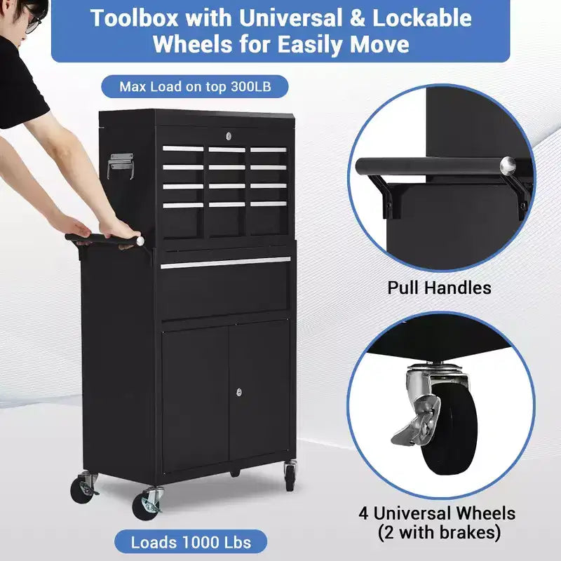Cassetta degli attrezzi con rotelle e bauletto superiore staccabile, carrello portautensili a 5 cassetti con 4 ruote, resistente alla ruggine per officina e garage