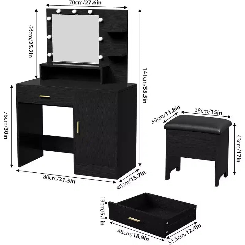 Acekool Tavolo da trucco nero con specchio, luci, cassetti, ripiani, sgabello imbottito, mobile contenitore, cassettiera da camera da letto