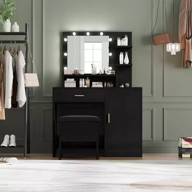 Acekool Tavolo da trucco nero con specchio, luci, cassetti, ripiani, sgabello imbottito, mobile contenitore, cassettiera da camera da letto