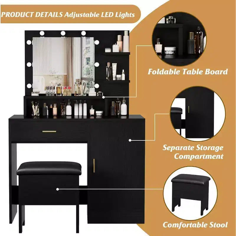 Acekool Tavolo da trucco nero con specchio, luci, cassetti, ripiani, sgabello imbottito, mobile contenitore, cassettiera da camera da letto