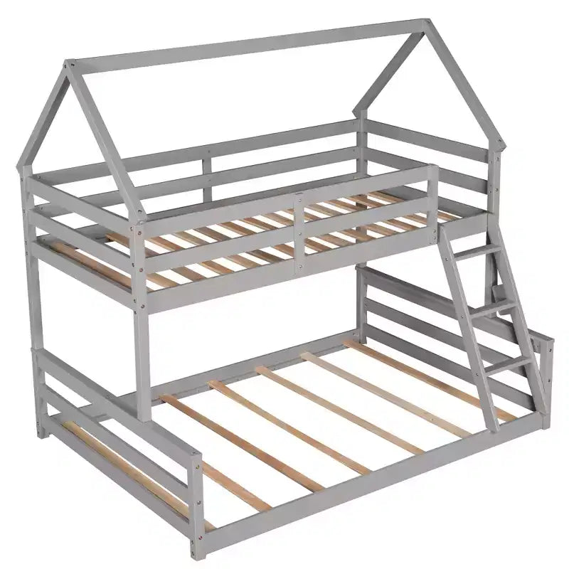 Letto a castello in legno, con struttura a casetta in legno massiccio, scaletta incorporata, convertibile in 2 letti singoli, letto a castello a terra per bambini e ragazzi