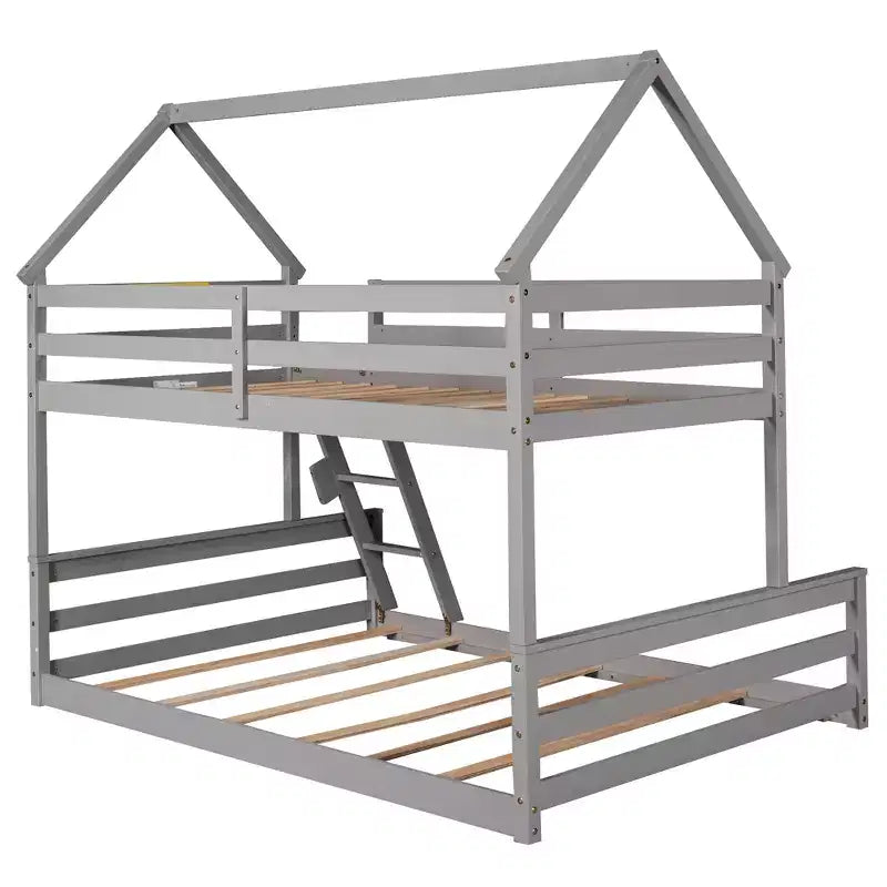Letto a castello in legno, con struttura a casetta in legno massiccio, scaletta incorporata, convertibile in 2 letti singoli, letto a castello a terra per bambini e ragazzi