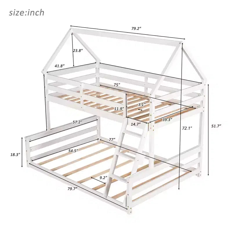 Letto a castello in legno, con struttura a casetta in legno massiccio, scaletta incorporata, convertibile in 2 letti singoli, letto a castello a terra per bambini e ragazzi