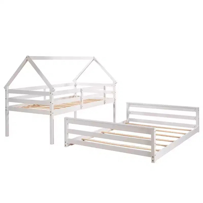 Letto a castello in legno, con struttura a casetta in legno massiccio, scaletta incorporata, convertibile in 2 letti singoli, letto a castello a terra per bambini e ragazzi