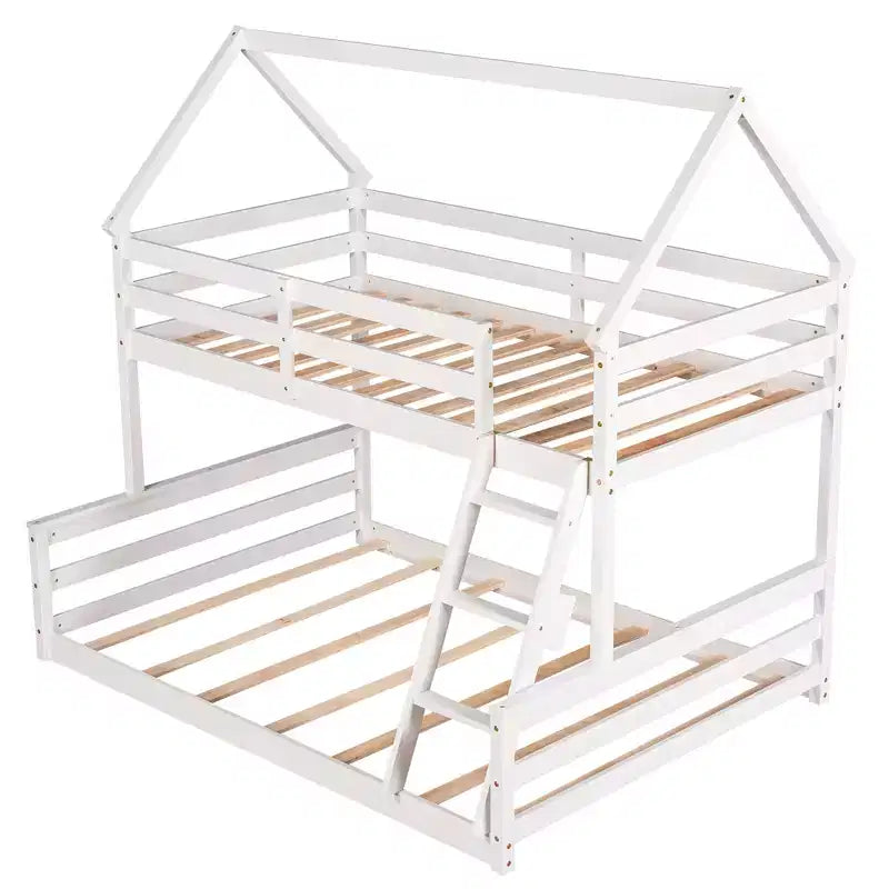 Letto a castello in legno, con struttura a casetta in legno massiccio, scaletta incorporata, convertibile in 2 letti singoli, letto a castello a terra per bambini e ragazzi