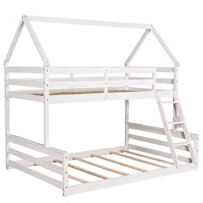 Letto a castello in legno, con struttura a casetta in legno massiccio, scaletta incorporata, convertibile in 2 letti singoli, letto a castello a terra per bambini e ragazzi