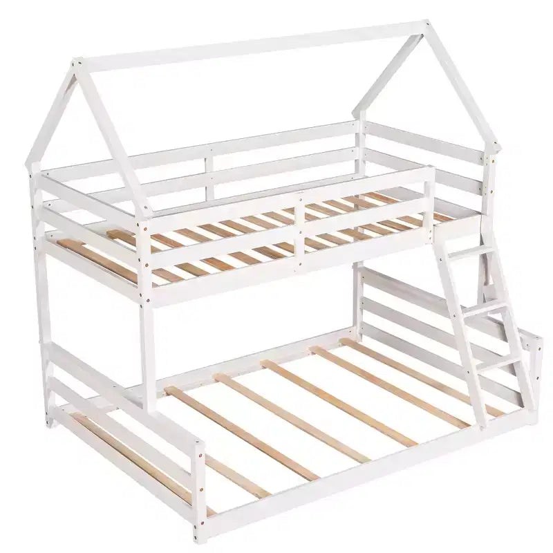 Letto a castello in legno, con struttura a casetta in legno massiccio, scaletta incorporata, convertibile in 2 letti singoli, letto a castello a terra per bambini e ragazzi