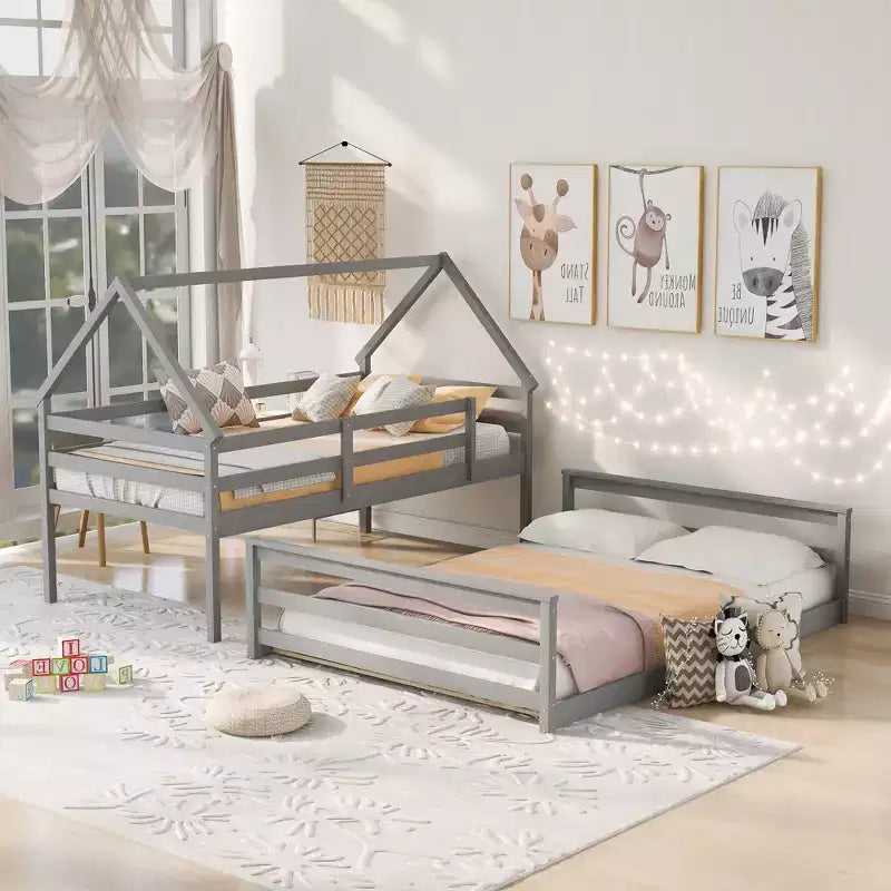 Letto a castello in legno, con struttura a casetta in legno massiccio, scaletta incorporata, convertibile in 2 letti singoli, letto a castello a terra per bambini e ragazzi
