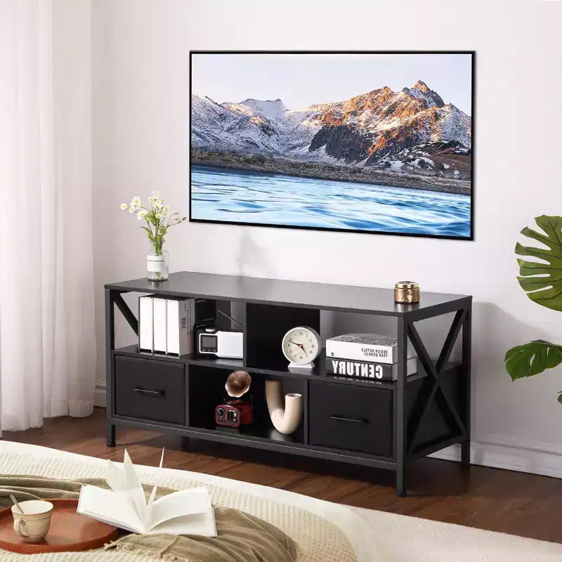 COZONY Mobile TV per TV da 50 Pollici, Centro di Intrattenimento con Cassetti in Tessuto e Ripiani Aperti, Mobile Contenitore per Soggiorno, Camera da Letra, Ingresso