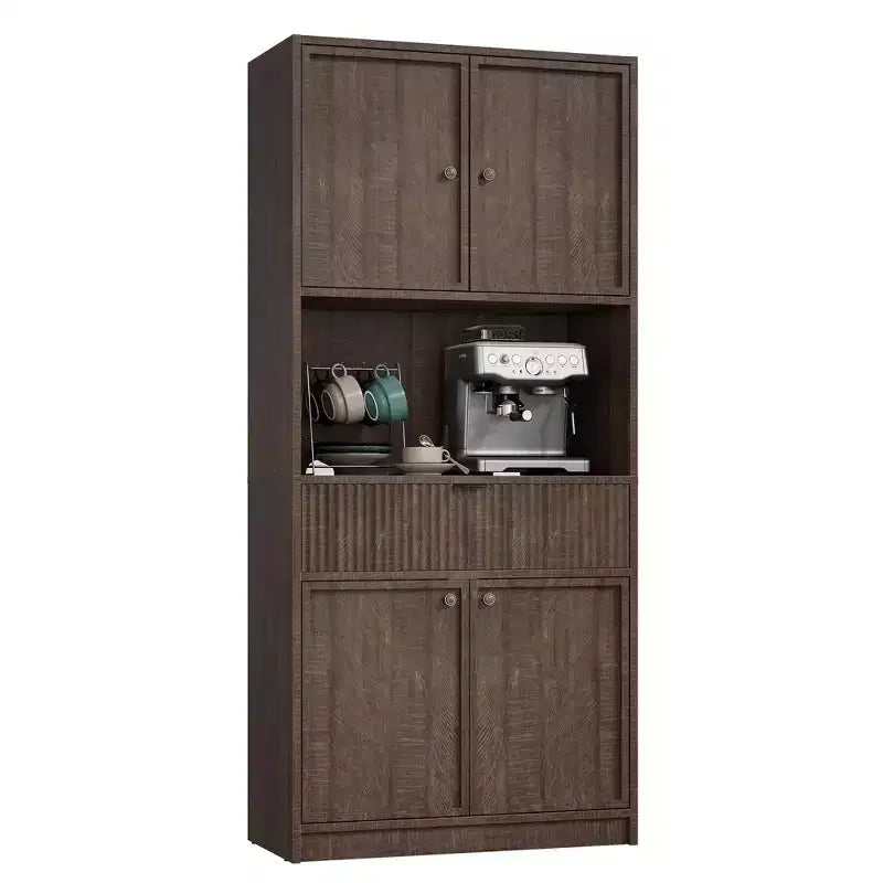 Credenza alta da cucina 70", credenza in legno scanalato con ripiani regolabili, mobiletto indipendente per il bagno