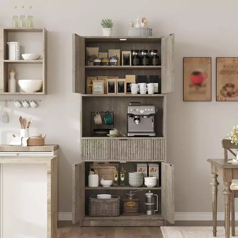 Credenza alta da cucina 70", credenza in legno scanalato con ripiani regolabili, mobiletto indipendente per il bagno
