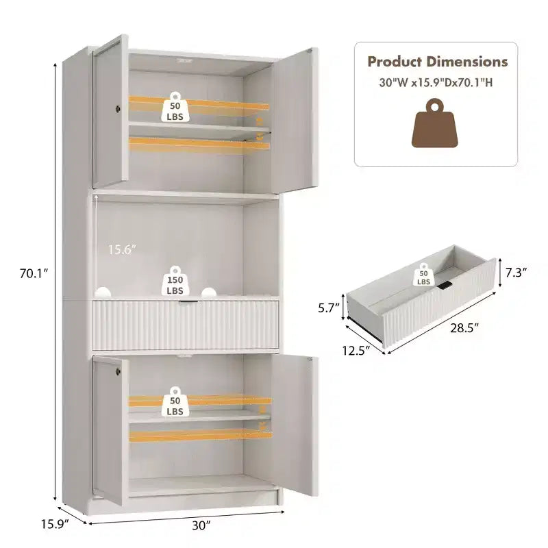 Credenza alta da cucina 70", credenza in legno scanalato con ripiani regolabili, mobiletto indipendente per il bagno
