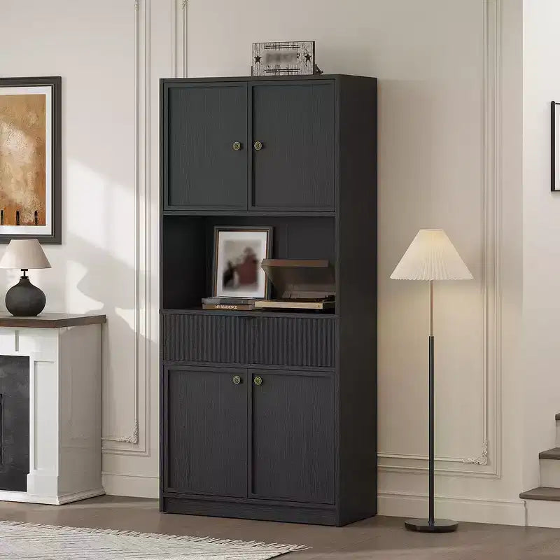 Credenza alta da cucina 70", credenza in legno scanalato con ripiani regolabili, mobiletto indipendente per il bagno
