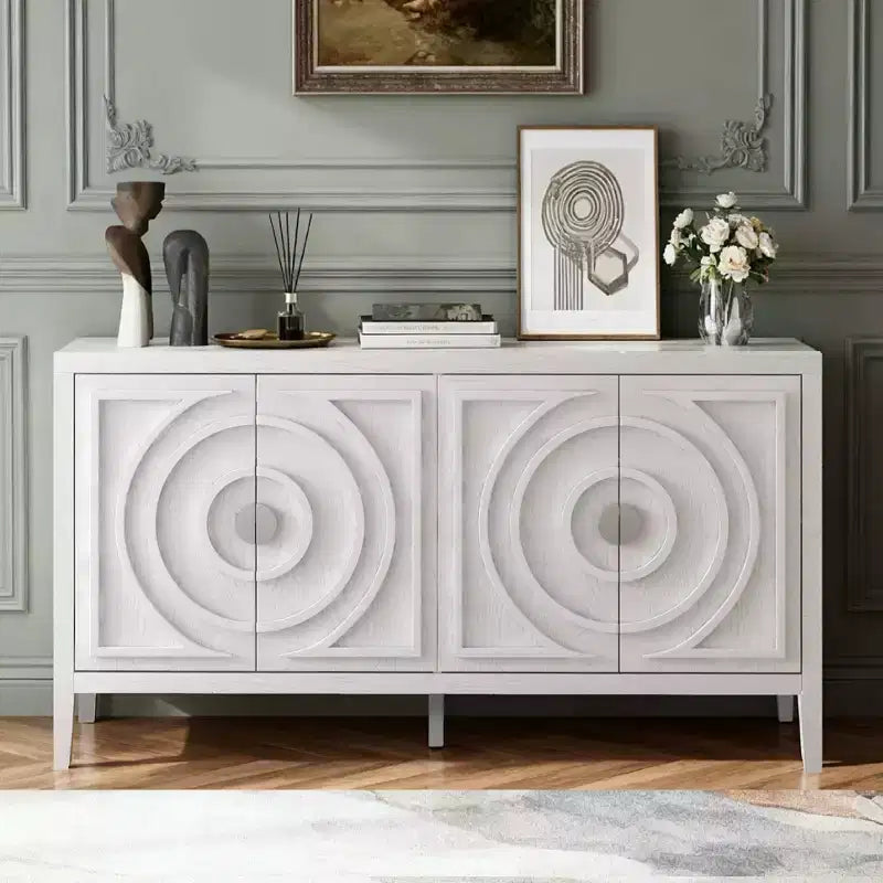 Hostack Retro Sideboard with Circular Groove Design, Round Metal Door Handle for Entrance, Dinning and Living Room, White