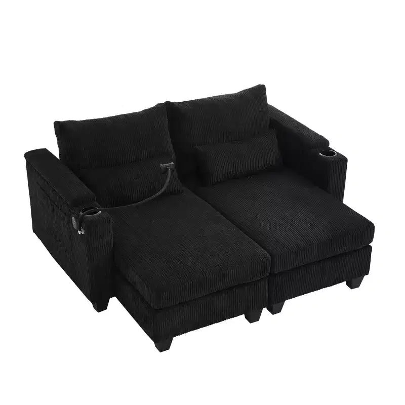 Polibi Divano-chaise longue componibile in velluto a coste con porte USB, portabicchieri, supporto per telefono e contenitore nel bracciolo