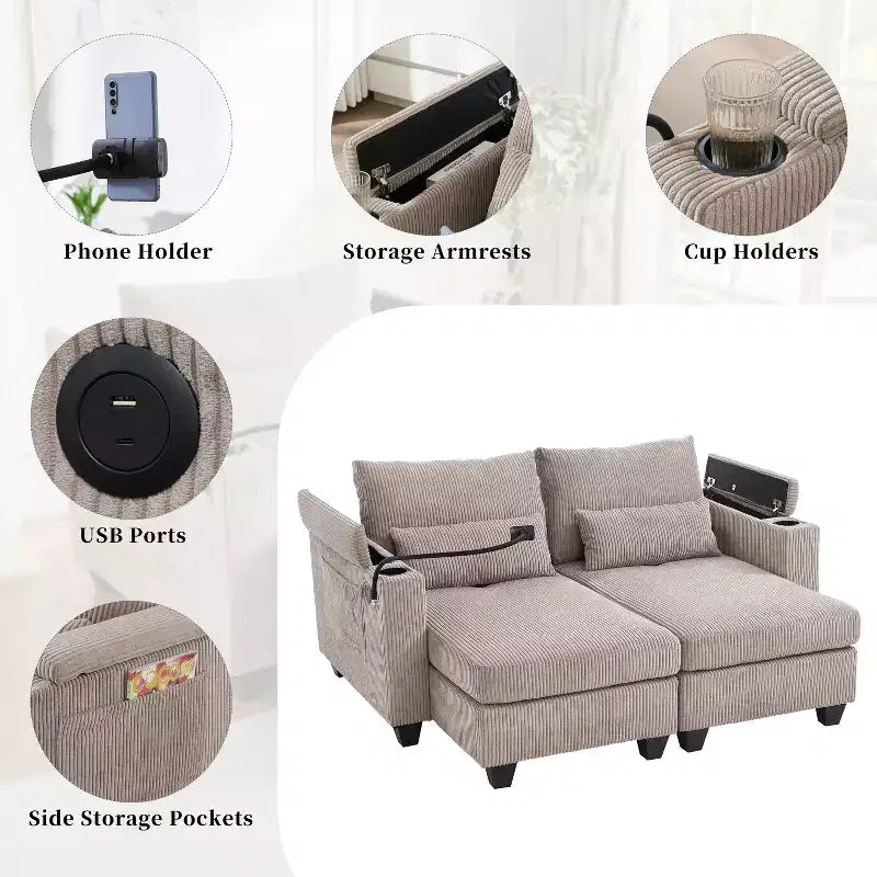 Polibi Divano-chaise longue componibile in velluto a coste con porte USB, portabicchieri, supporto per telefono e contenitore nel bracciolo