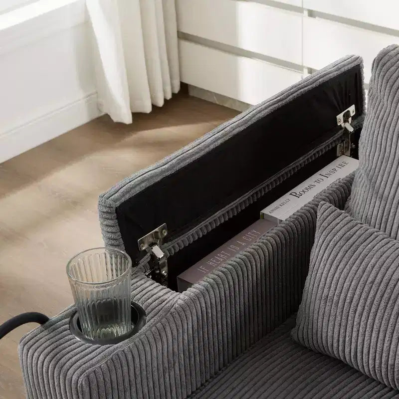 Polibi Divano-chaise longue componibile in velluto a coste con porte USB, portabicchieri, supporto per telefono e contenitore nel bracciolo