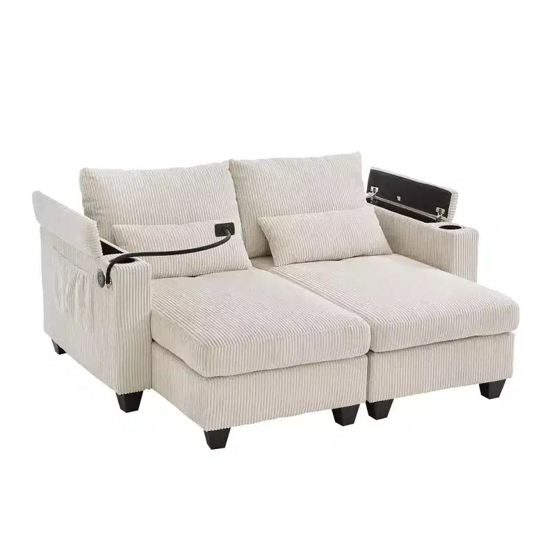 Polibi Divano-chaise longue componibile in velluto a coste con porte USB, portabicchieri, supporto per telefono e contenitore nel bracciolo