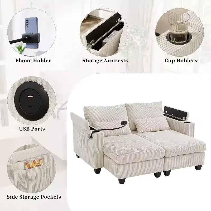 Polibi Divano-chaise longue componibile in velluto a coste con porte USB, portabicchieri, supporto per telefono e contenitore nel bracciolo